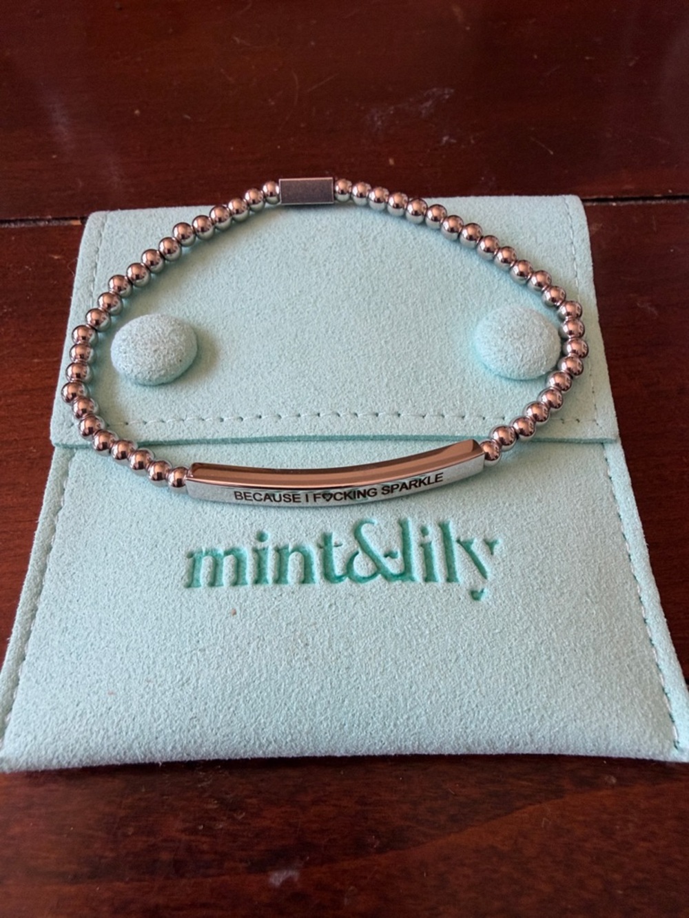 NWT Mint & Lily 7.5” Because I F🖤cking Sparkle Silver Plated Shot Bead Bracelet